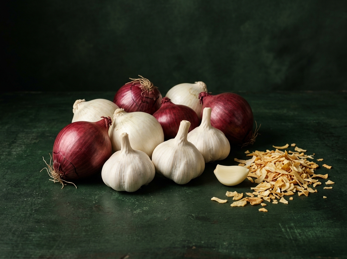 Premium dehydrated onion & garlic B2B export ingredients display